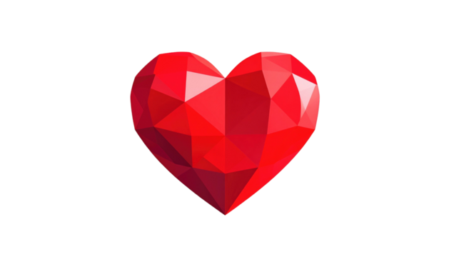 Low-poly, ruby-red heart, composed of tessellated triangles against a stark black background