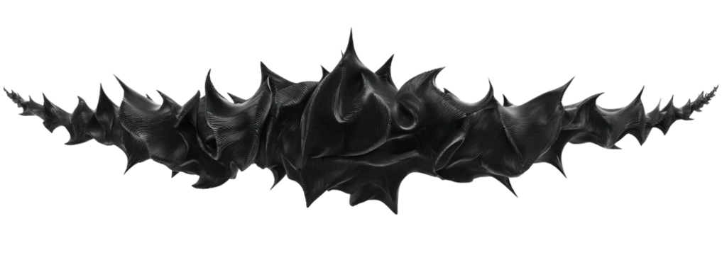 Black abstract form with sharp edges, resembling a spiky crown, isolated against a black background