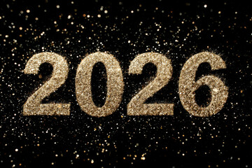 Golden Glitter 2026 Number with Scattered Confetti Particles on Black Background Celebration Concept