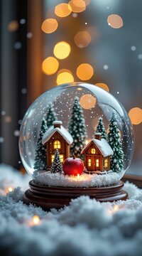 A cozy winter snow globe featuring a tiny cottage, snowy pine trees, and a glowing red apple with Bulents Heras inscribed on itall nestled in soft light against twinkling bokeh lights. Perfectly festi