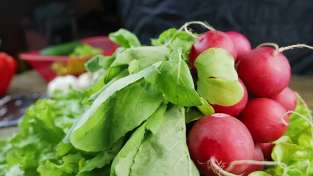 lettuce and radish on a rotating background