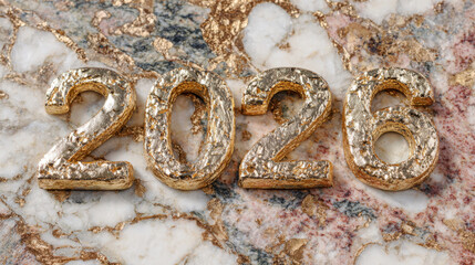 Textured Gold Number 2026 on Luxurious White Marble with Gold Veining Background