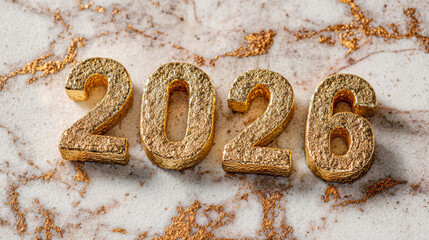 Three Dimensional Textured Gold Number 2026 on White Marble with Gold Dust Accents