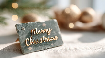 Merry Christmas Greeting Card on Gray Stone with Snowflake Decoration and Bokeh Lights