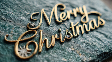 Merry Christmas Lettering with Snowflake Details on Textured Dark Slate Stone Background
