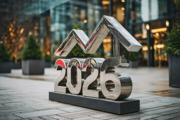 Polished Chrome Growth Chart Symbol with 2026 Numbers on Stone Base Urban Plaza Sculpture