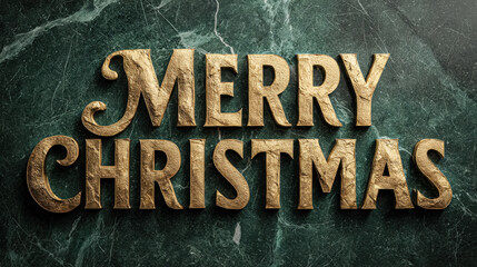 Bold Golden Merry Christmas Block Letters on Dark Green Veined Marble Surface Top View
