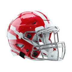 Red football helmet with white stripes and silver mask on black. Sharp focus