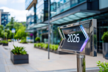 Modern Chrome Arrow Sign Displaying 2026 with Blue LED Light in Urban Plaza