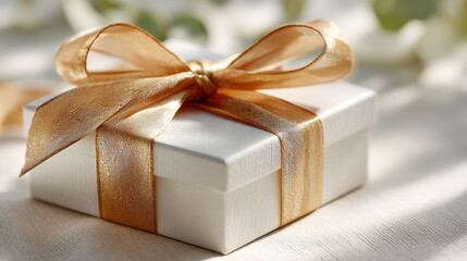 White Gift Box with Golden Satin Ribbon Bow on Neutral Surface Close-Up