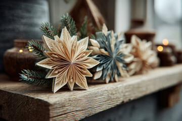 Handmade Paper Star Ornaments with Pine Branches on Rustic Wooden Shelf Christmas Holiday Decoration