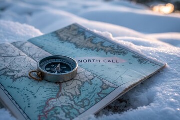 Metal Compass Resting On A Folded Vintage Map In The Snow