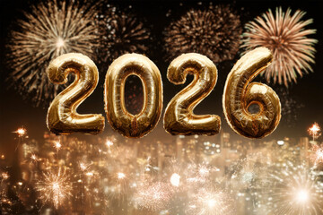 Golden 2026 Number Balloons with Sparklers Against Fireworks Display Cityscape