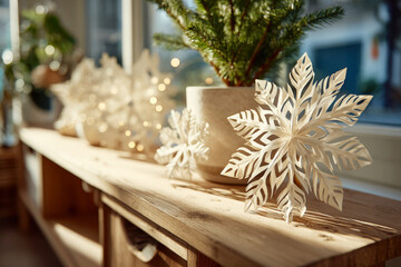 Laser Cut Paper Snowflake Decoration on Distressed White Console Table with Pine Branches Bokeh Lights