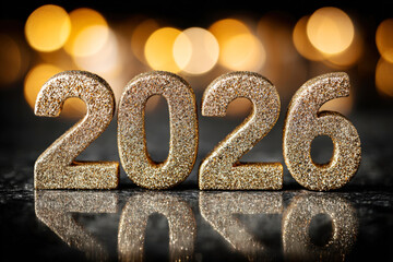 Golden Glitter Numbers 2026 with Reflective Surface and Warm Bokeh Lights Black Background
