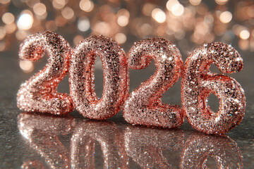 Sparkling Rose Gold 2026 Numbers with Reflective Surface and Golden Bokeh Background