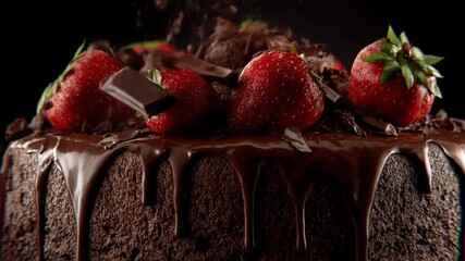 Close up of a chocolate cake decorated with fresh strawberries and chocolate flakes - Powered by Adobe