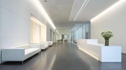 Fototapeta premium lobby. A modern office lobby with clean white walls and minimalist furniture, filled with natural light. real-estate listings.