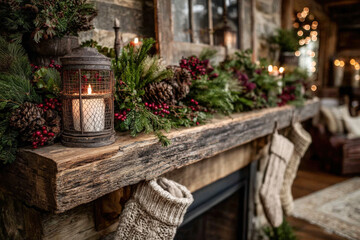 Rustic Wooden Mantel with Vintage Metal Lantern Evergreen Garland Pinecone Red Berry Christmas Decoration