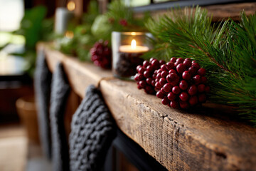 Wooden Mantel with Red Berry Cluster Pine Branch Black Knitted Stocking Christmas Decoration