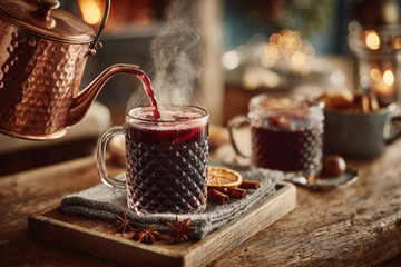 Hammered Copper Teapot Pouring Hot Mulled Wine into Textured Glass Mug with Star Anise Cinnamon Orange Bokeh