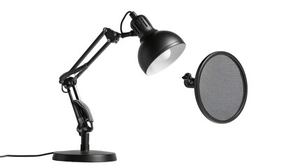 Black desk lamp with a pop filter. Studio lighting highlights the objects on a dark background