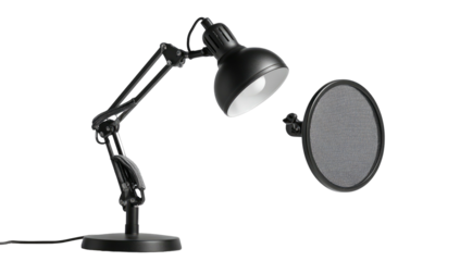 Black desk lamp with a pop filter. Studio lighting highlights the objects on a dark background