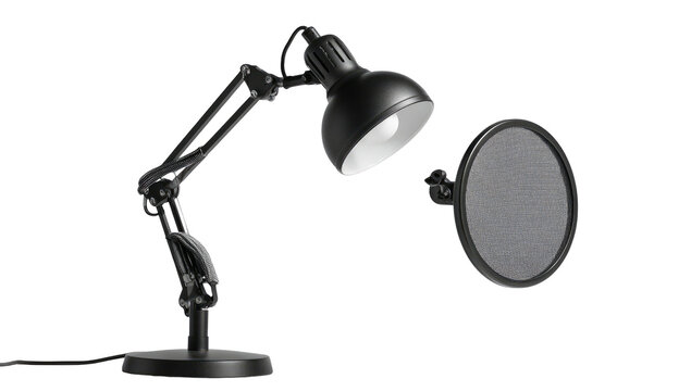 Black desk lamp with a pop filter. Studio lighting highlights the objects on a dark background
