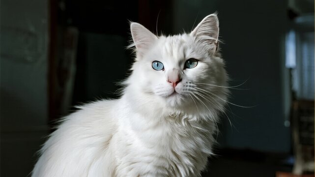 White long-haired cat with striking blue eyes looking directly at the camera in a dimly lit indoor setting