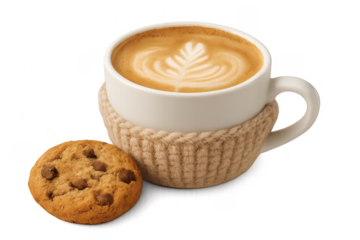Latte art coffee mug with chocolate chip cookie