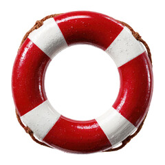 Red and white life preserver with rope trim on a dark background, providing safety for swimmers and boaters