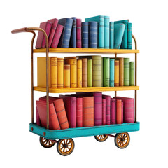 A three-tiered metal cart filled with color-coordinated books stands against a black background