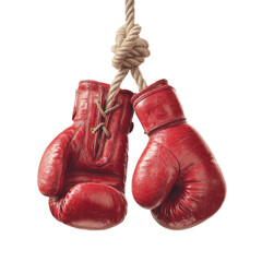 Red boxing gloves hang from a thick, knotted rope against a dark background. Dramatic and slightly worn appearance