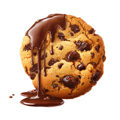 A chocolate chip cookie drizzled with melted chocolate, on a dark background