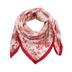 A delicate, floral-patterned scarf with a deep red border laid flat against a black backdrop