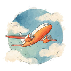 Airplane soars through watercolor clouds in a stylized illustration with a warm color palette and textured effect