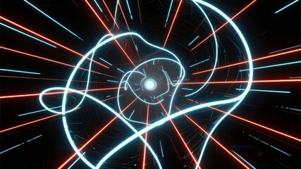 Abstract neon light patterns forming a dynamic spiral against a dark background with radiating lines.