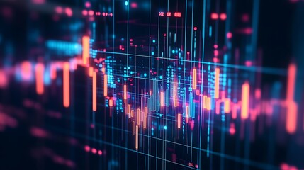 Abstract digital data visualization with glowing neon lines and bars representing financial market trends and stock charts in a futuristic technological concept