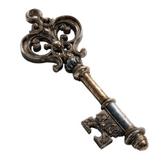Ornate key against black. Detailed filigree design in metallic tones. Elegant, vintage, and antique with aged texture