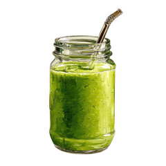 Green smoothie filled jar with a metal straw, isolated on a dark background, highlighting texture and color