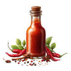 Red sauce filled bottle, cork-topped, sitting amongst herbs, chilis, spices, and a transparent background