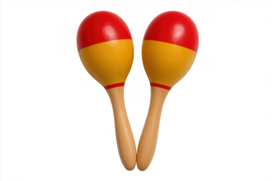 Pair of vibrantly colored wooden maracas, a classic musical percussion instrument, on a transparent background