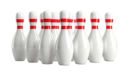 Group of white bowling pins with red bands stand against black backdrop, creating a high-contrast image