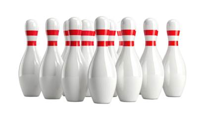Group of white bowling pins with red bands stand against black backdrop, creating a high-contrast image