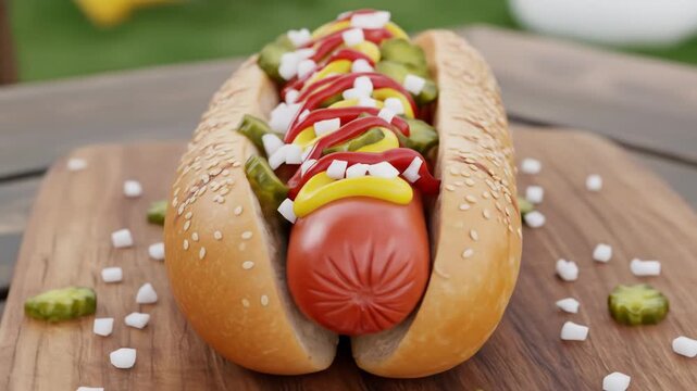 A fully dressed hot dog sits on a wooden board with added pickle slices and diced onions