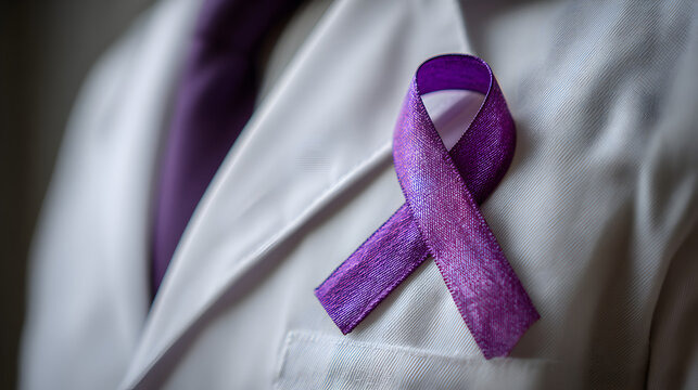 Close up of purple awareness ribbon pinned on doctor white coat symbolizing healthcare support and awareness for World Pancreatic Cancer Day