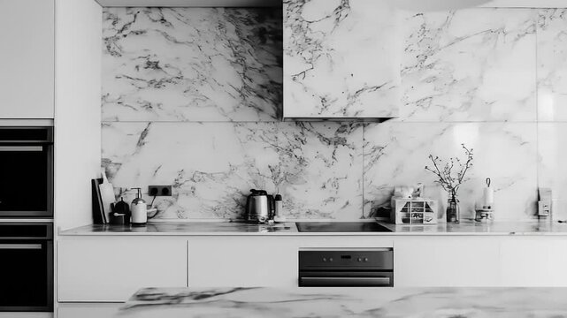A modern kitchen design featuring a pristine white marble backsplash and clean white cabinetry.