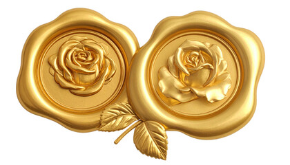 Two golden wax seals with embossed rose motifs joined by leaves. Opulent, detailed, on black background, smooth surface