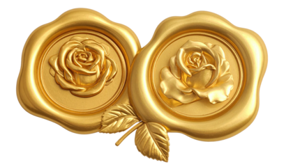 Two golden wax seals with embossed rose motifs joined by leaves. Opulent, detailed, on black background, smooth surface
