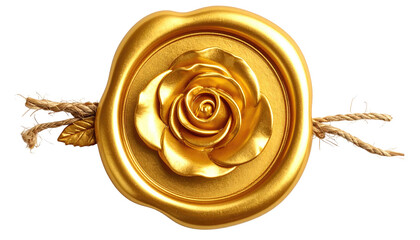 Golden wax seal with a rose in the center, tied with twine, on a black background